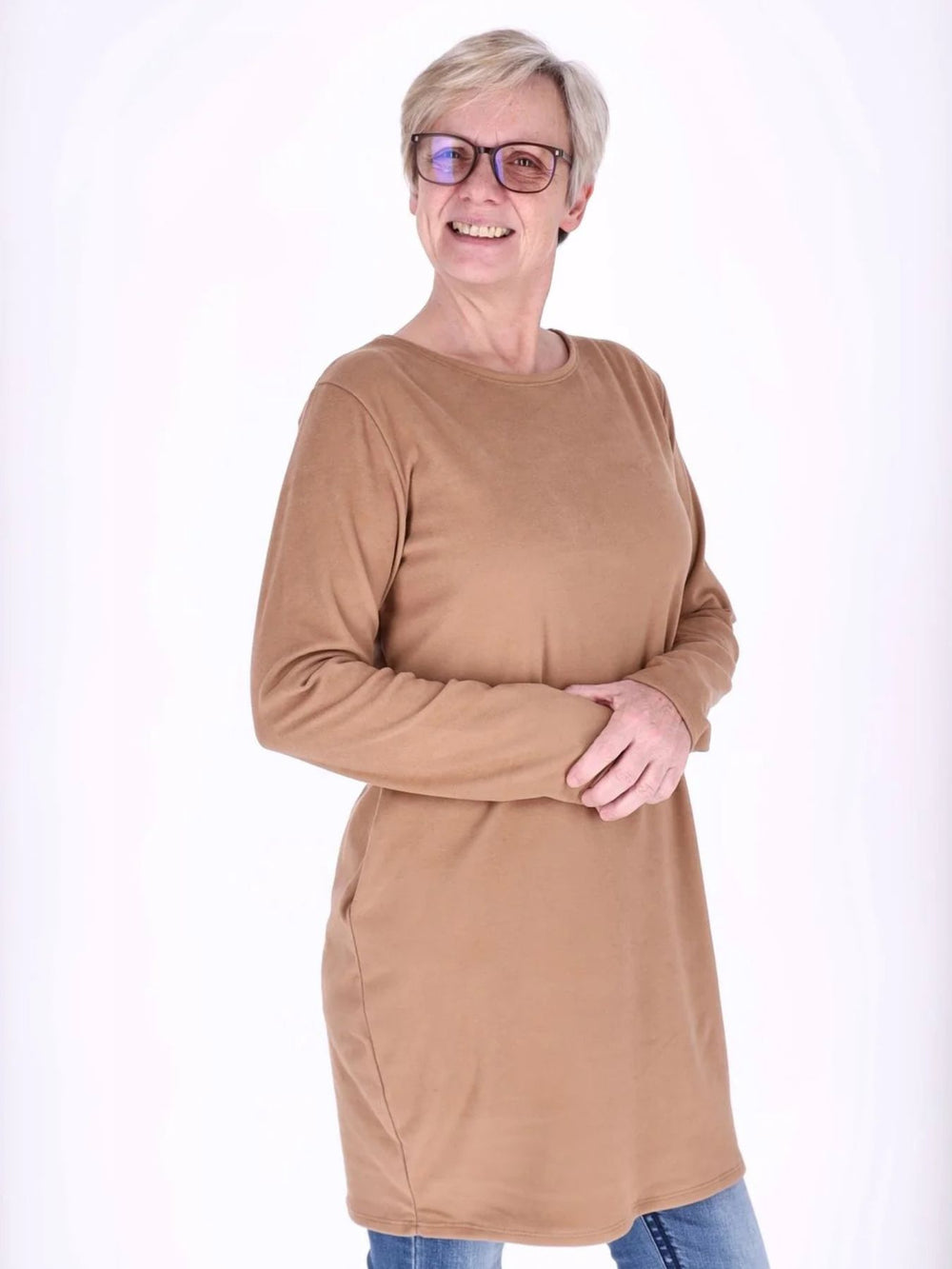Beiges Damen Kleid mit Seitentaschen & Rundhalsausschnitt