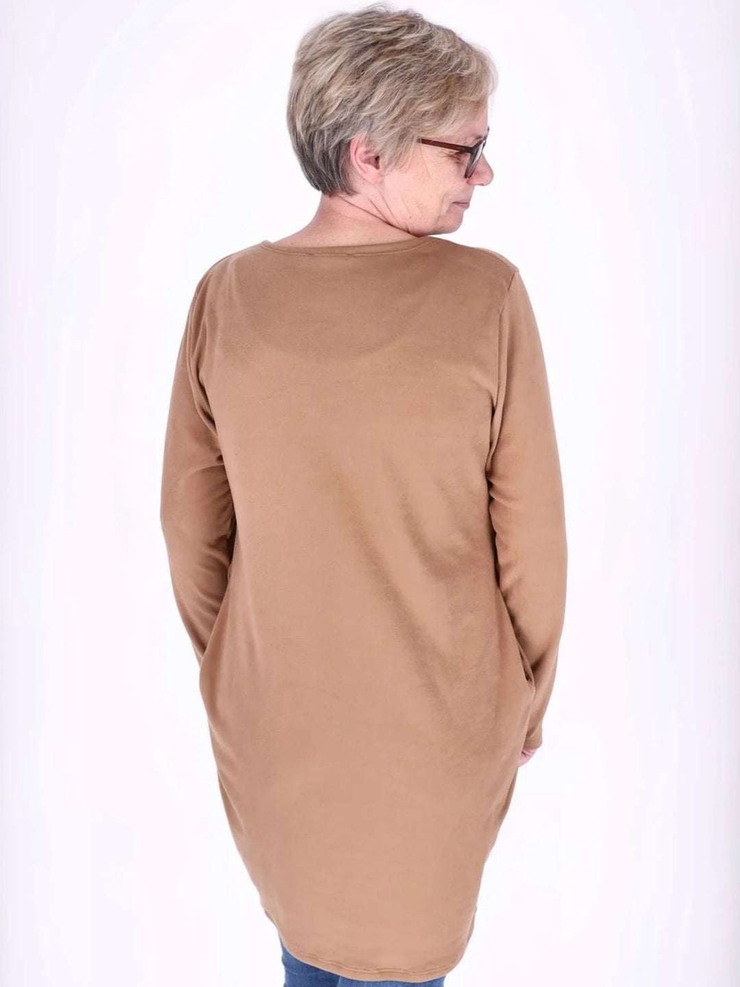 Beiges Damen Kleid mit Seitentaschen & Rundhalsausschnitt