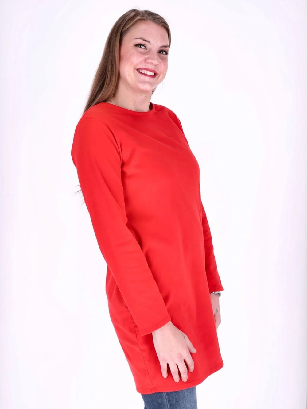 Rotes Damen Kleid mit Seitentaschen & Rundhalsausschnitt