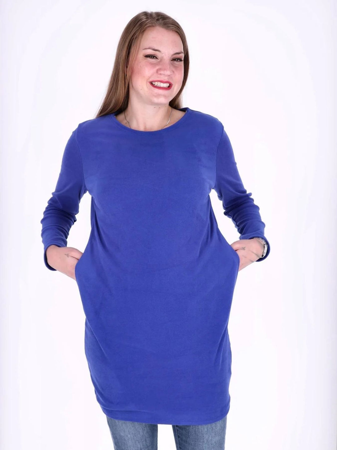 Royalblaues Damen Kleid mit Seitentaschen & Rundhalsausschnitt