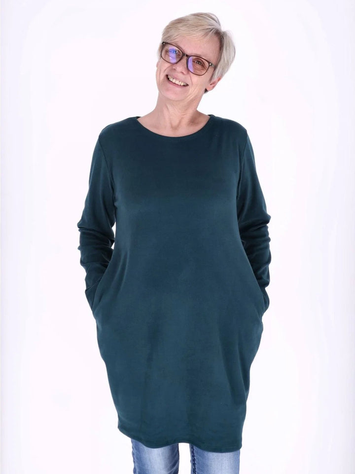 Flaschengrünes Damen Kleid mit Seitentaschen & Rundhalsausschnitt