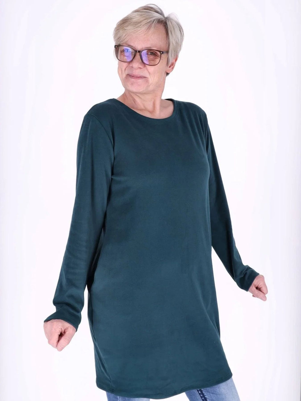 Flaschengrünes Damen Kleid mit Seitentaschen & Rundhalsausschnitt