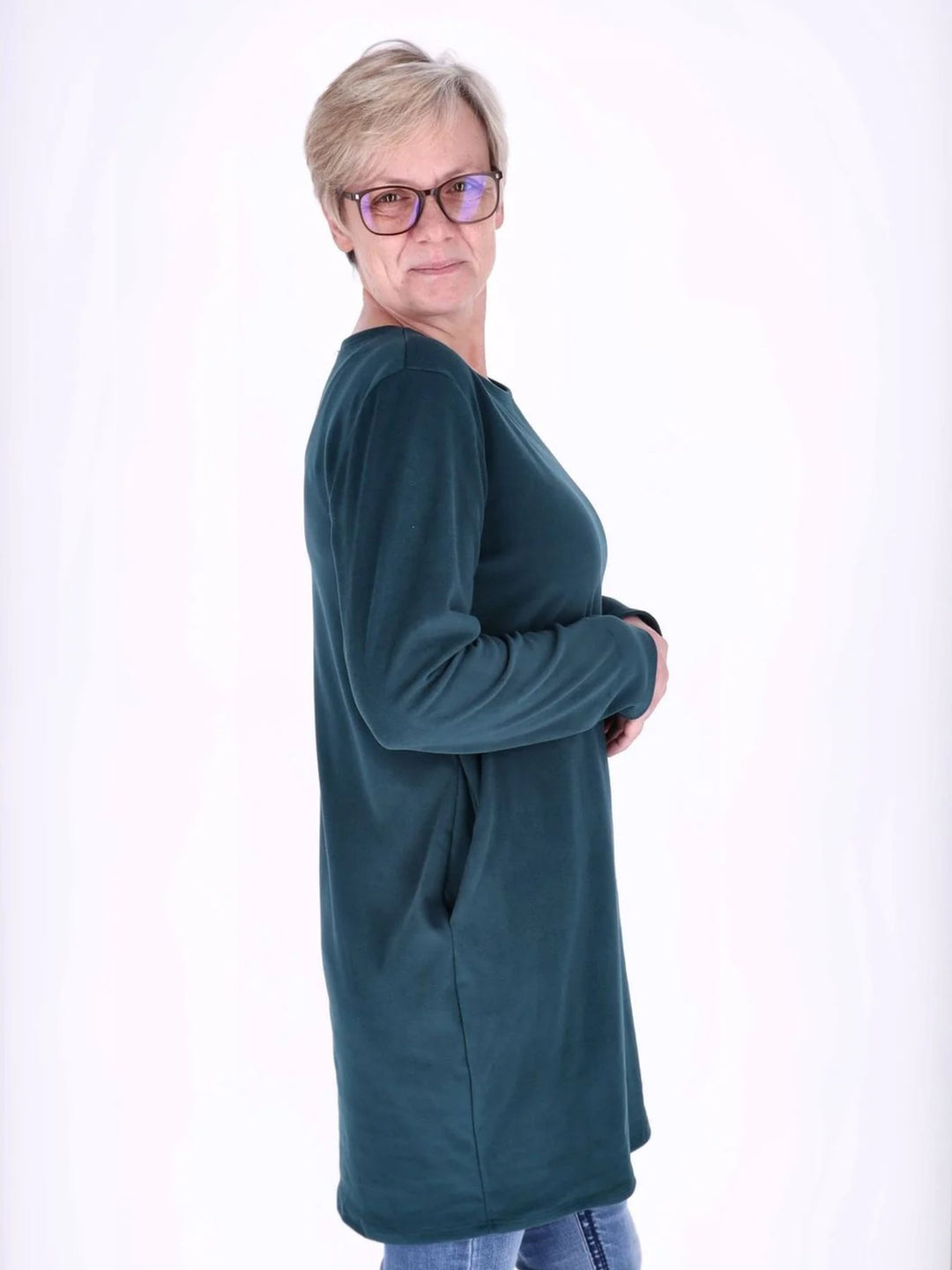 Flaschengrünes Damen Kleid mit Seitentaschen & Rundhalsausschnitt