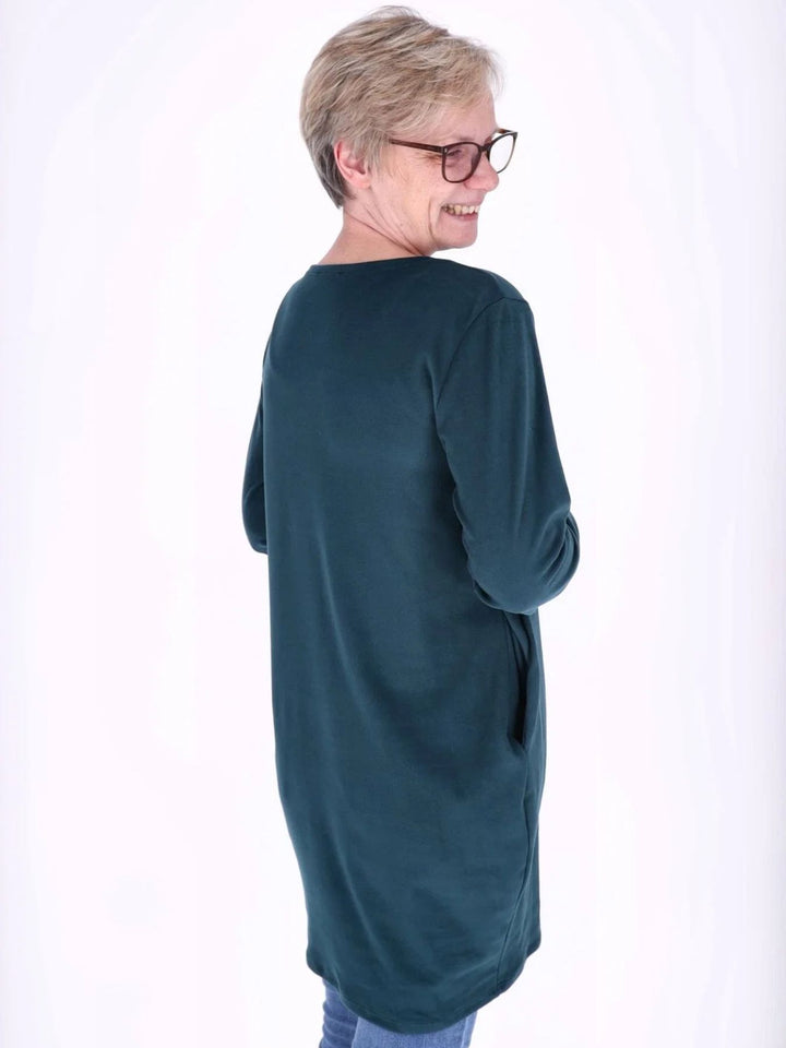 Flaschengrünes Damen Kleid mit Seitentaschen & Rundhalsausschnitt