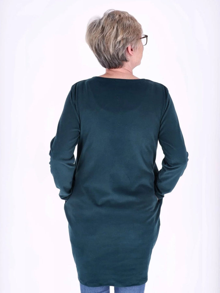 Flaschengrünes Damen Kleid mit Seitentaschen & Rundhalsausschnitt