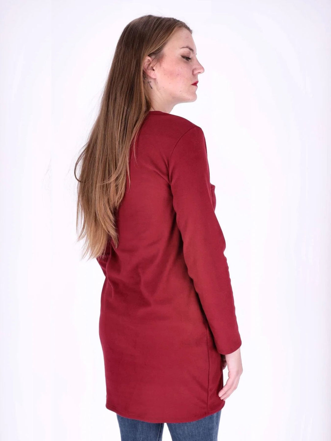 Bordeaux Damen Kleid mit Seitentaschen & Rundhalsausschnitt