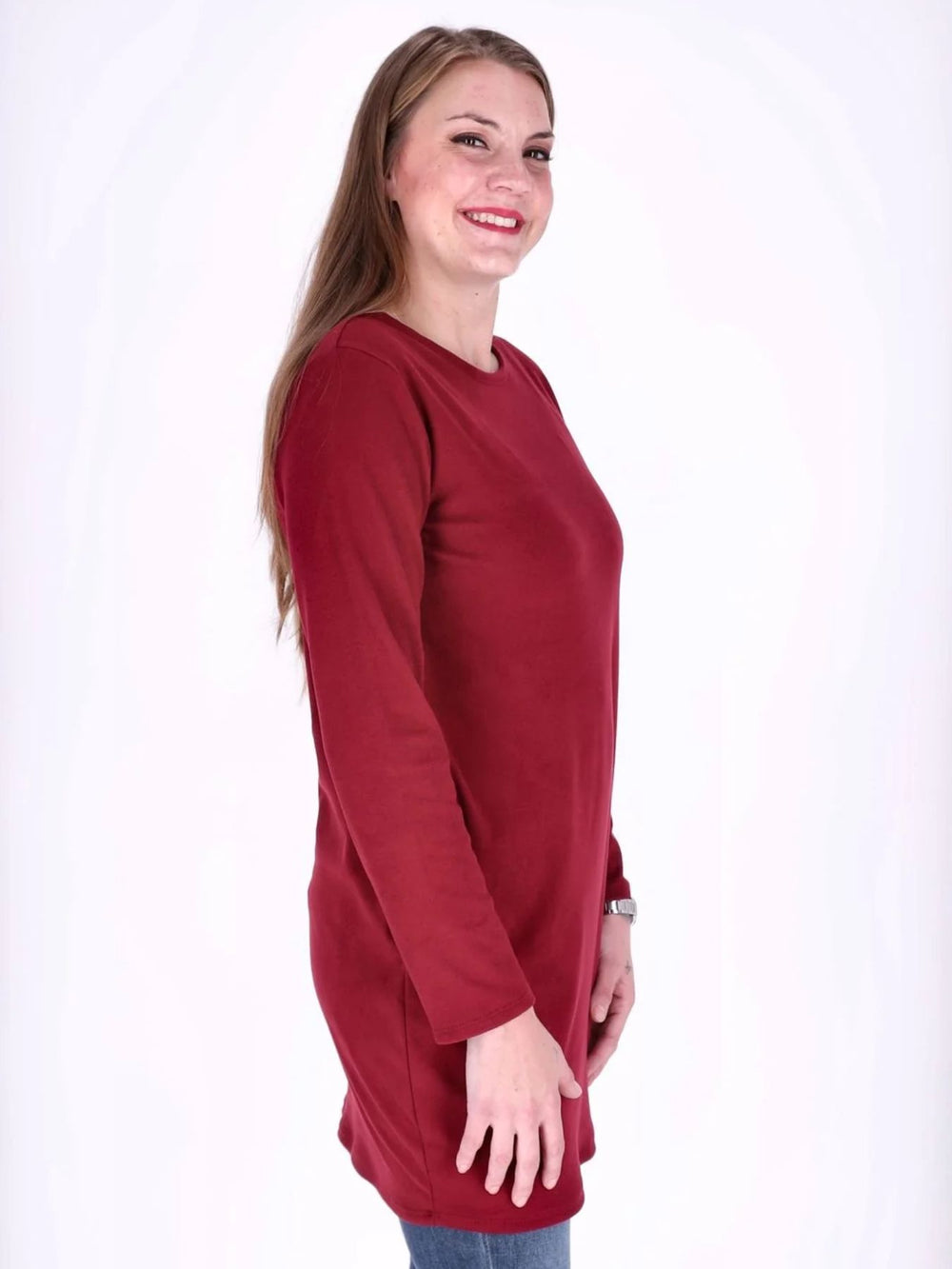 Bordeaux Damen Kleid mit Seitentaschen & Rundhalsausschnitt