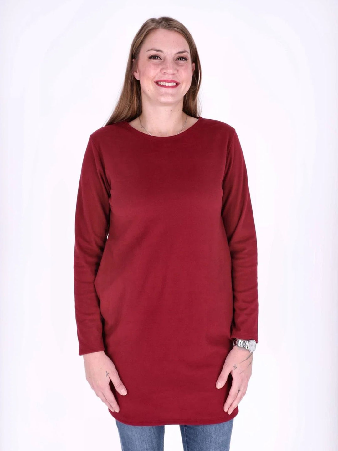 Bordeaux Damen Kleid mit Seitentaschen & Rundhalsausschnitt