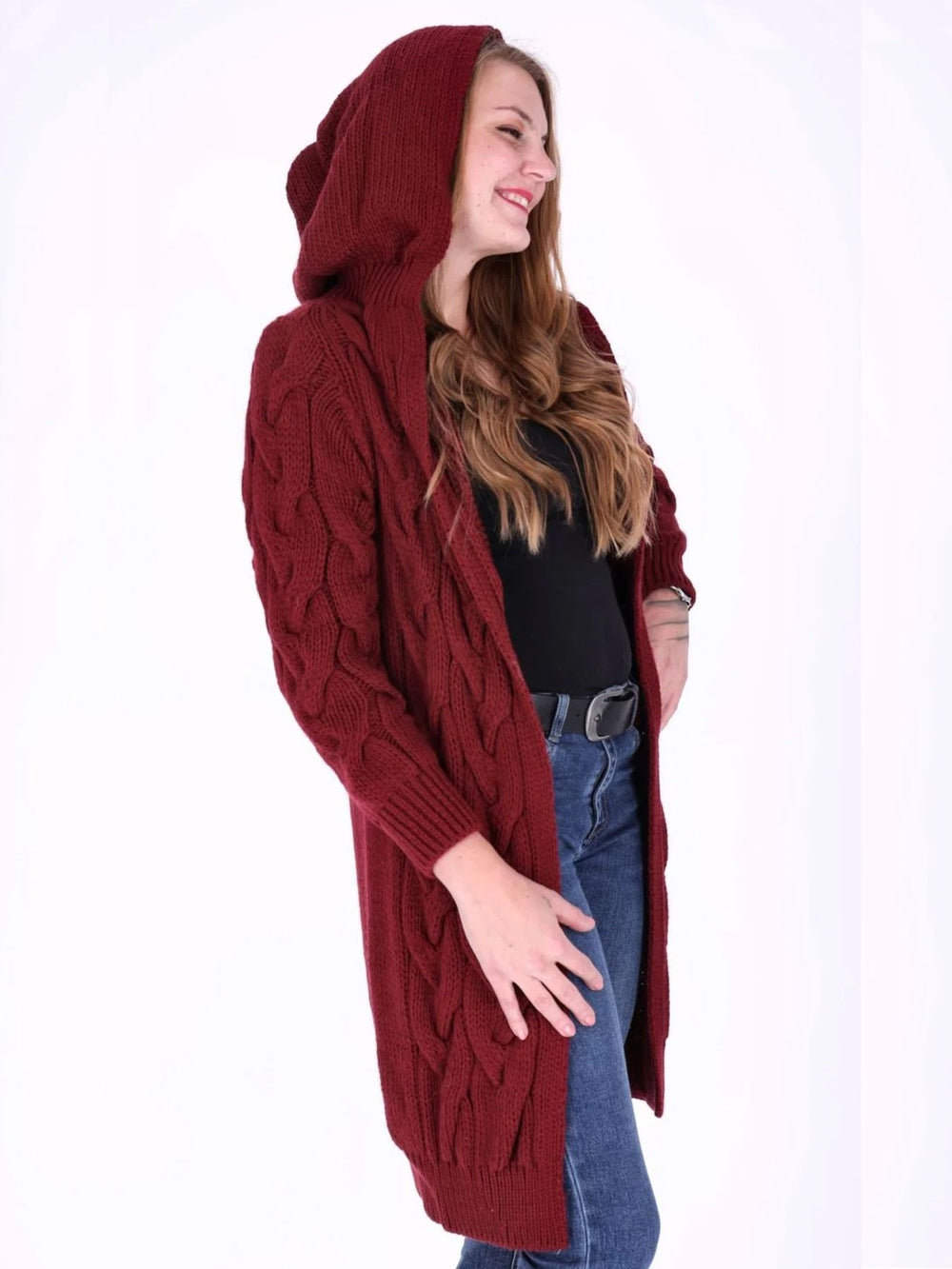 Bordeaux lange Damen Strickjacke mit Zopfmuster & Kapuze