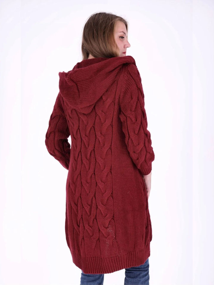 Bordeaux lange Damen Strickjacke mit Zopfmuster & Kapuze
