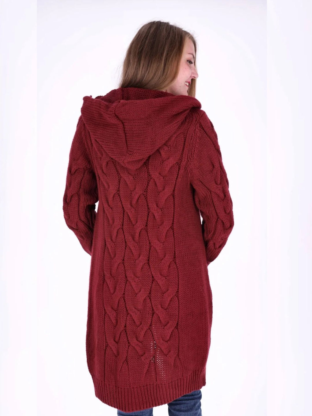 Bordeaux lange Damen Strickjacke mit Zopfmuster & Kapuze