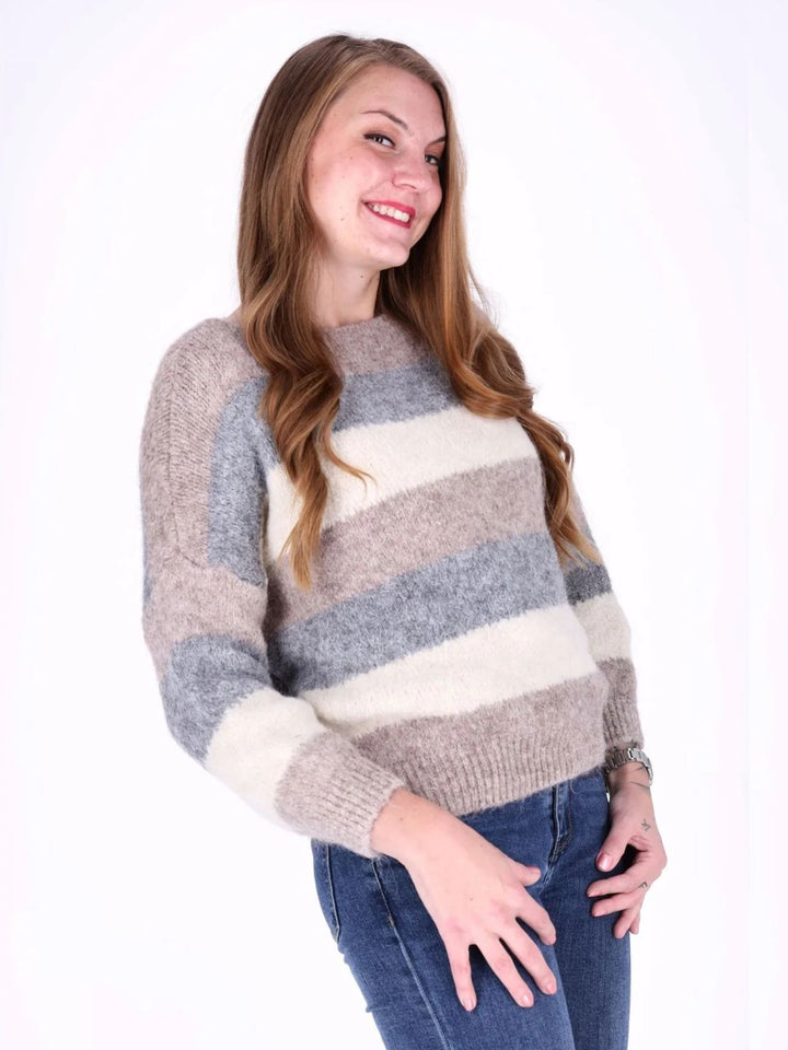 Hellbrauner Damen Strickpullover mit Streifen & Rundhalsausschnitt