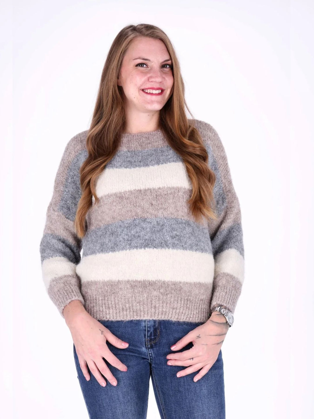 Hellbrauner Damen Strickpullover mit Streifen & Rundhalsausschnitt