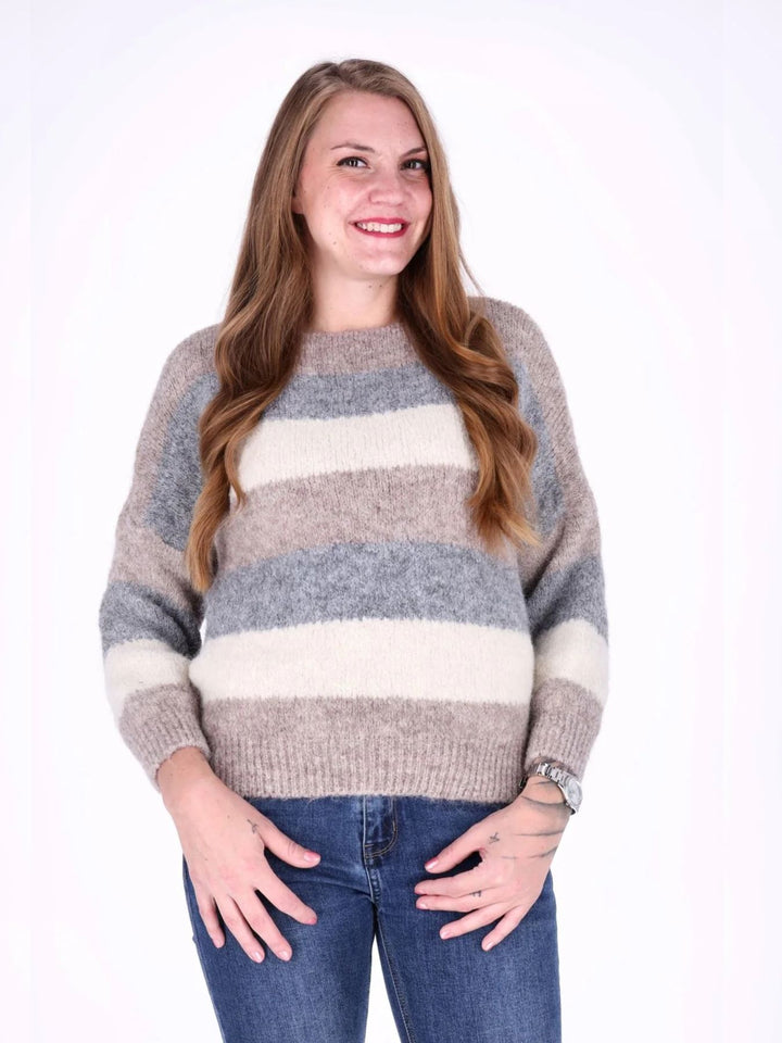 Hellbrauner Damen Strickpullover mit Streifen & Rundhalsausschnitt