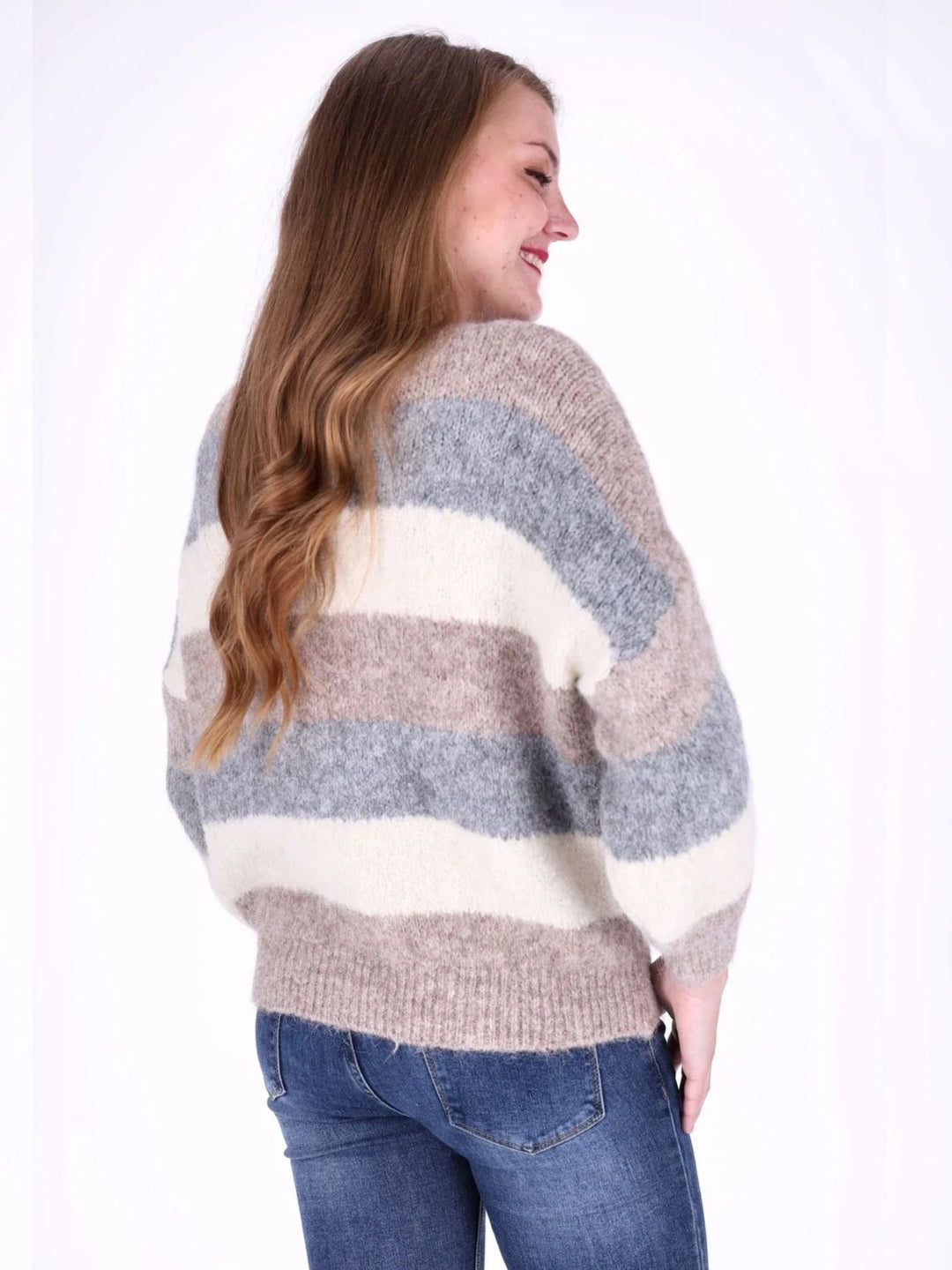 Hellbrauner Damen Strickpullover mit Streifen & Rundhalsausschnitt
