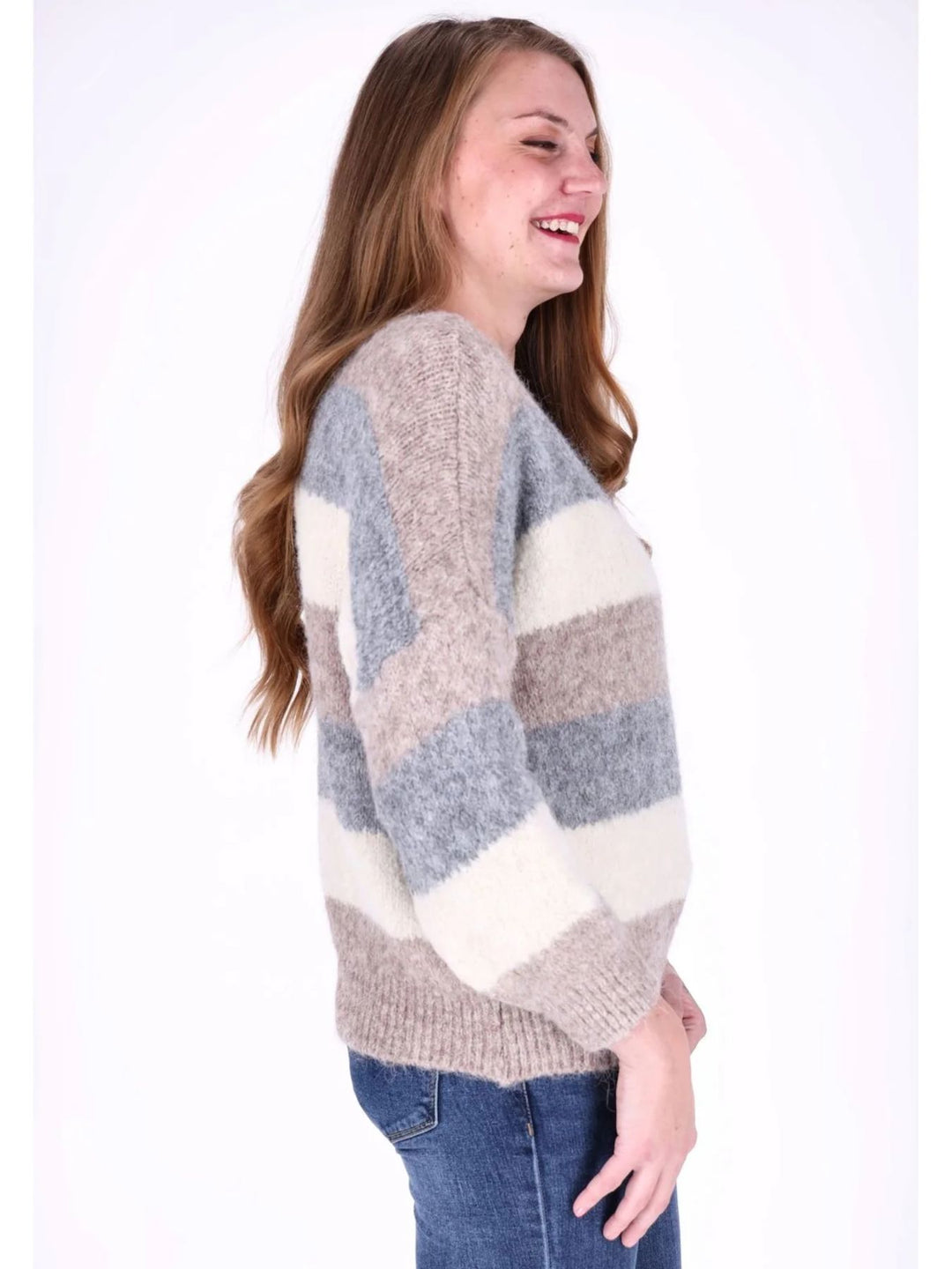 Hellbrauner Damen Strickpullover mit Streifen & Rundhalsausschnitt