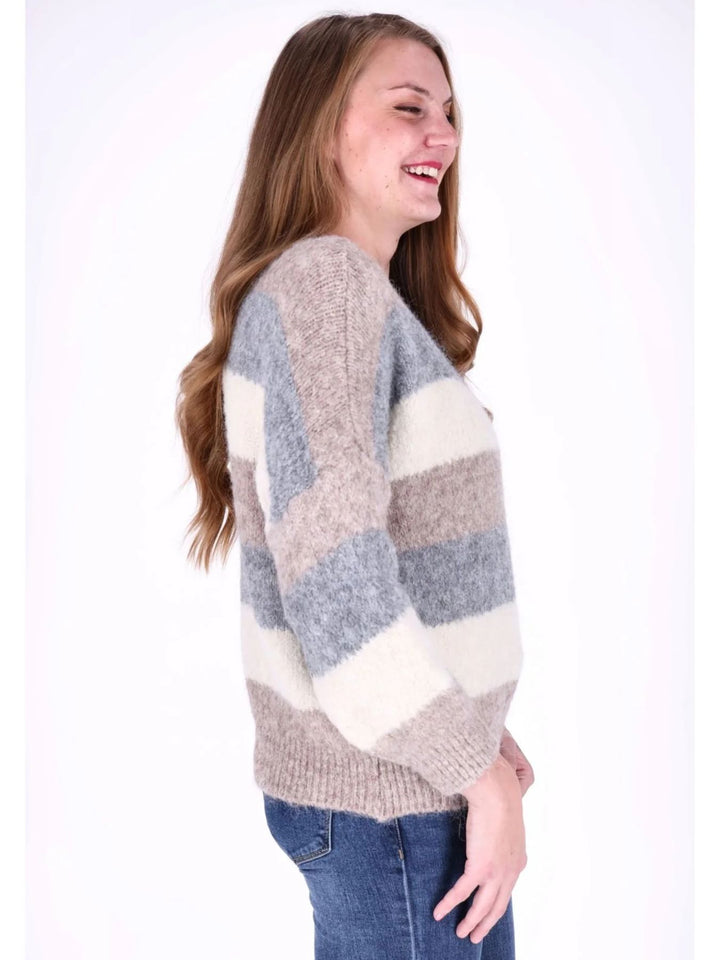 Hellbrauner Damen Strickpullover mit Streifen & Rundhalsausschnitt