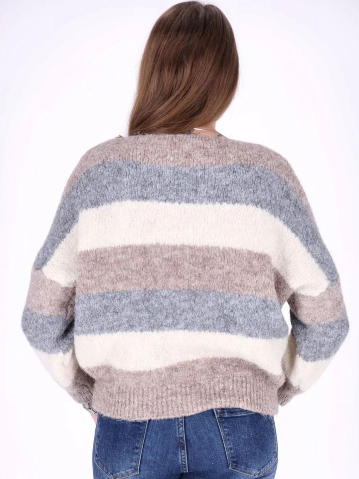 Hellbrauner Damen Strickpullover mit Streifen & Rundhalsausschnitt