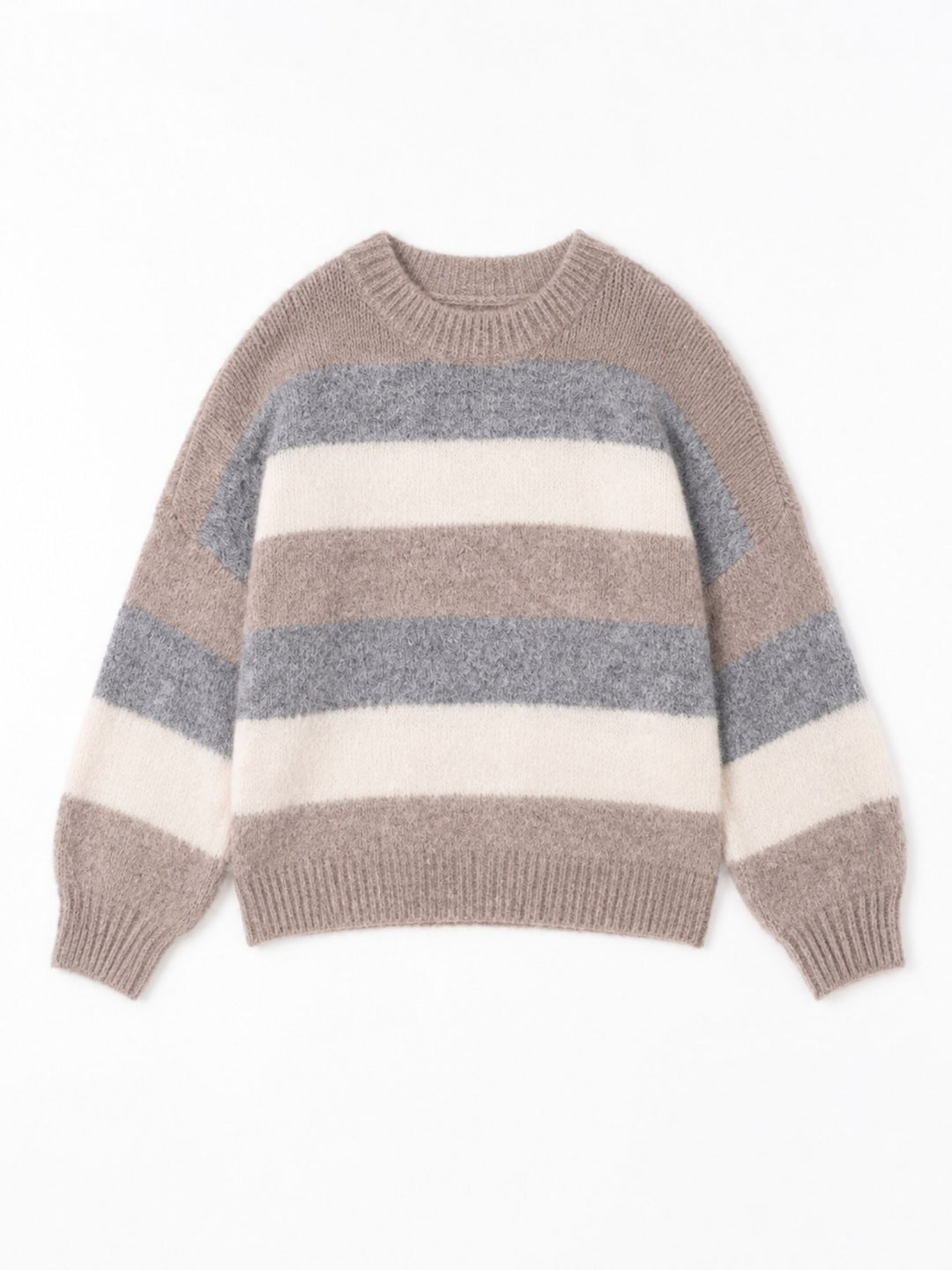 Hellbrauner Damen Strickpullover mit Streifen & Rundhalsausschnitt