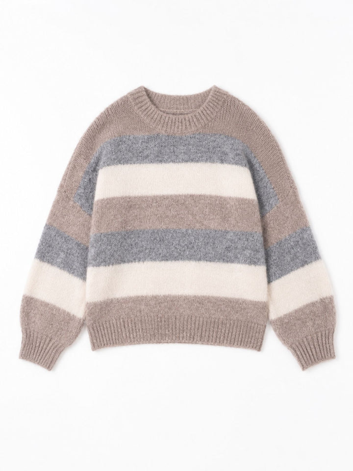 Hellbrauner Damen Strickpullover mit Streifen & Rundhalsausschnitt