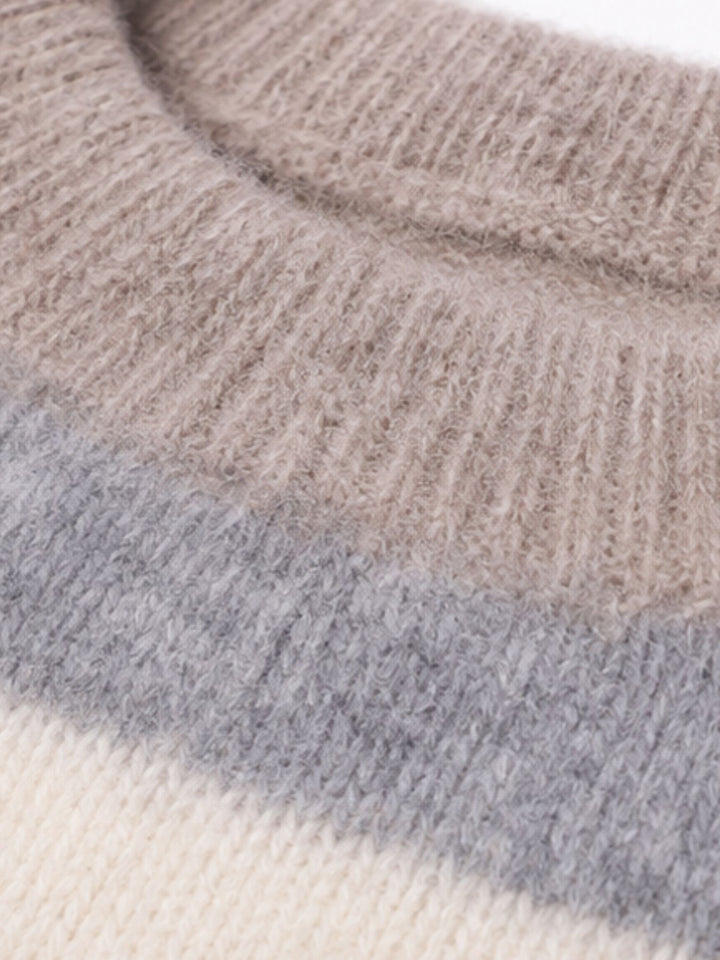 Hellbrauner Damen Strickpullover mit Streifen & Rundhalsausschnitt
