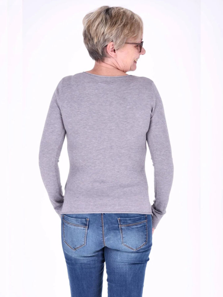 Grauer Damen Feinstrick-Pullover mit Rundhalsausschnitt
