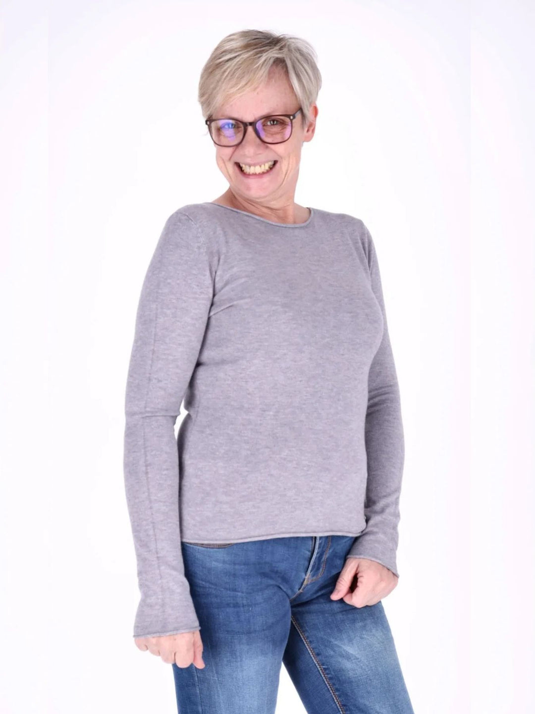 Grauer Damen Feinstrick-Pullover mit Rundhalsausschnitt