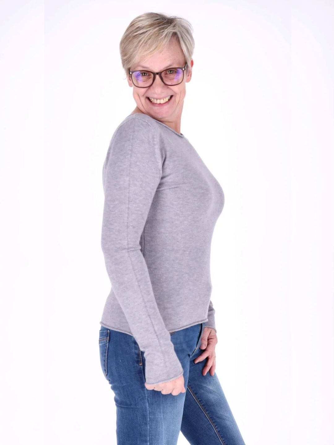 Grauer Damen Feinstrick-Pullover mit Rundhalsausschnitt