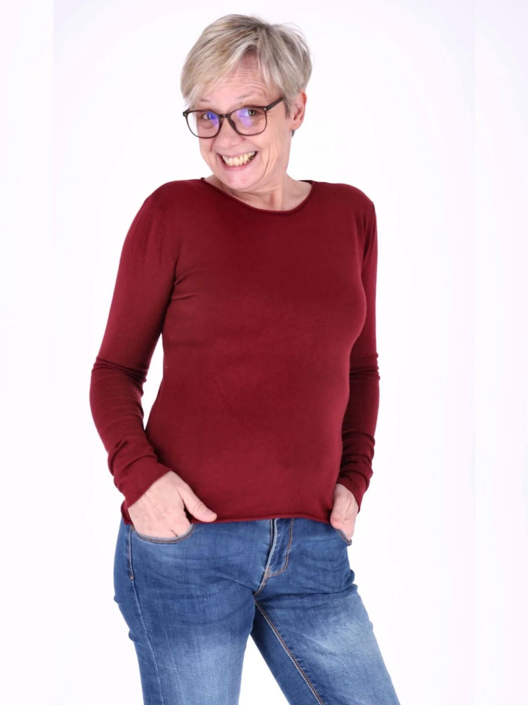 Bordeaux Damen Feinstrick-Pullover mit Rundhalsausschnitt