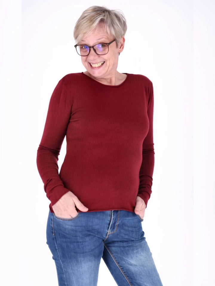 Bordeaux Damen Feinstrick-Pullover mit Rundhalsausschnitt