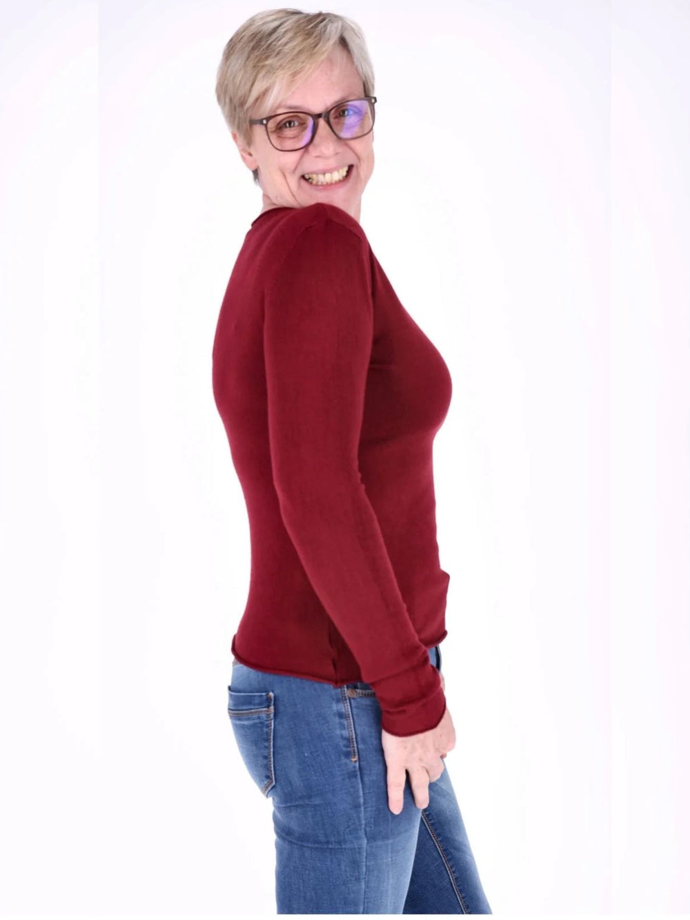 Bordeaux Damen Feinstrick-Pullover mit Rundhalsausschnitt