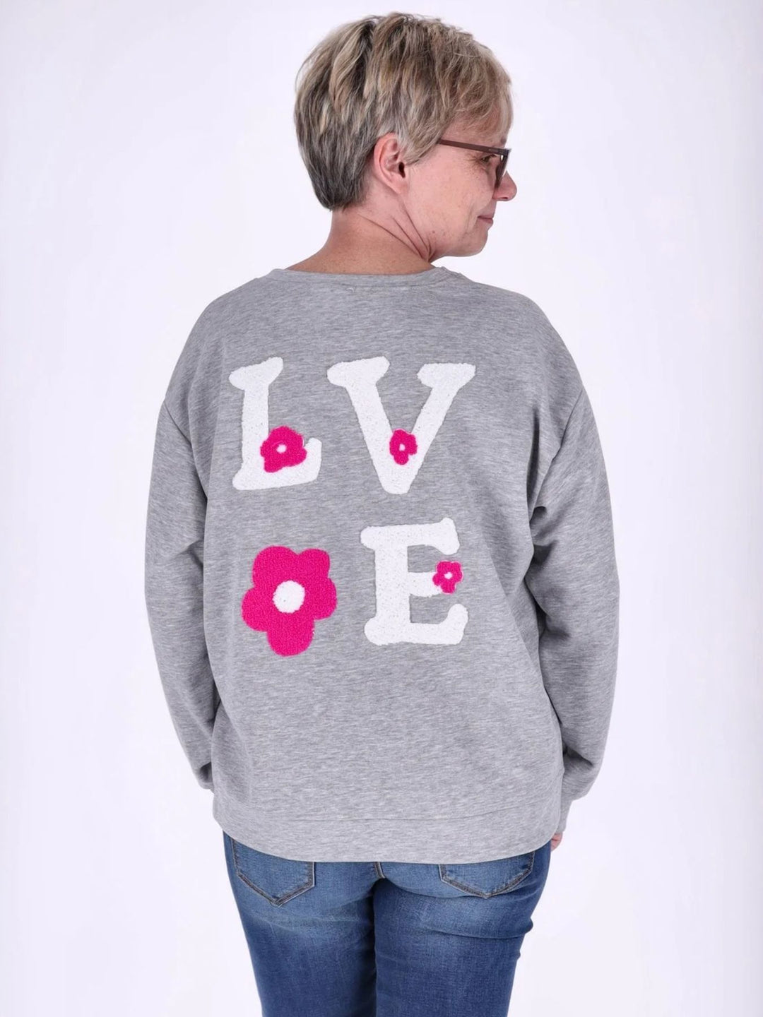 Graues Damen Sweatshirt „LOVE“ mit Rückenprint