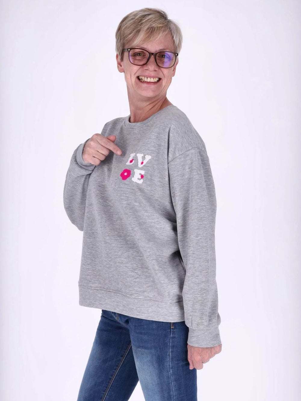 Graues Damen Sweatshirt „LOVE“ mit Rückenprint