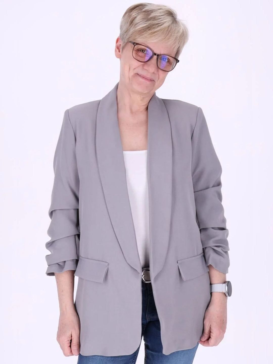 Grauer Damen Blazer mit offener Front – modern & elegant