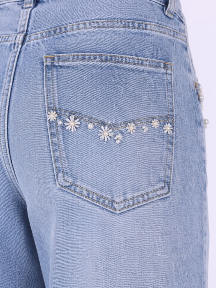 Damen Wide-Leg-Jeans mit floralen Details