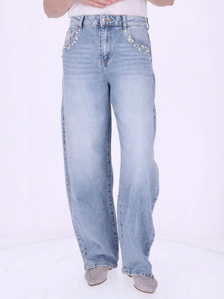 Damen Wide-Leg-Jeans mit floralen Details