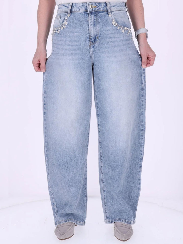Damen Wide-Leg-Jeans mit floralen Details