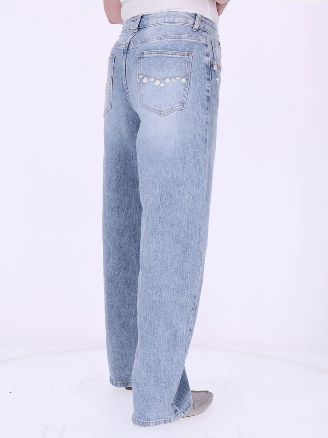 Damen Wide-Leg-Jeans mit floralen Details