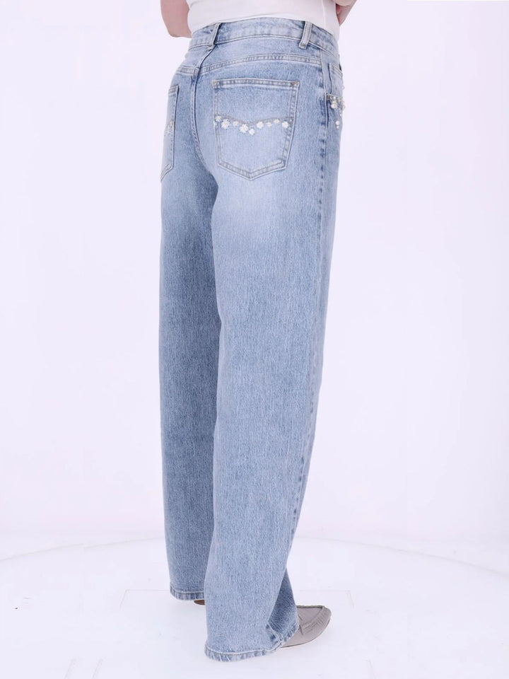 Damen Wide-Leg-Jeans mit floralen Details