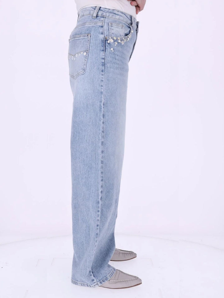 Damen Wide-Leg-Jeans mit floralen Details