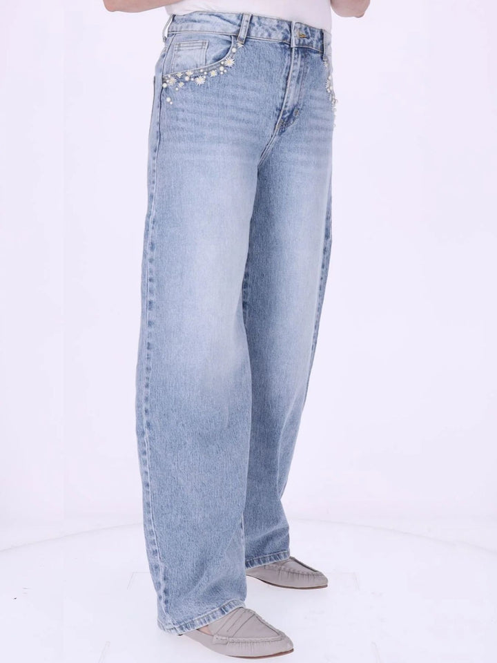 Damen Wide-Leg-Jeans mit floralen Details