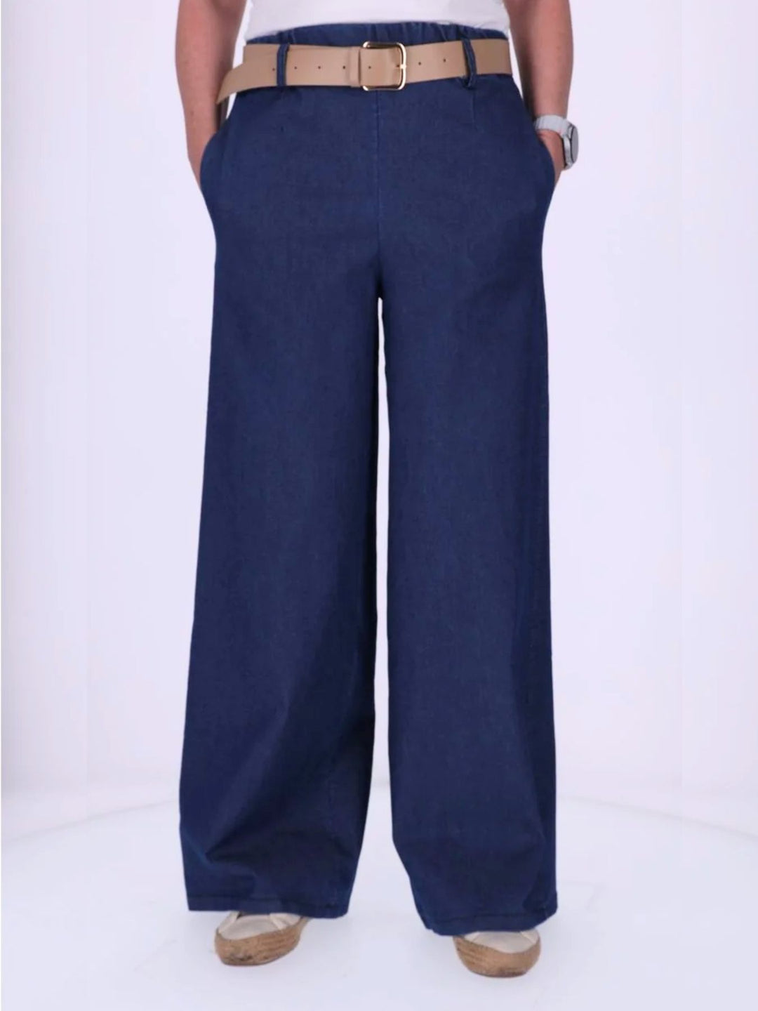 Dunkelblaue Damenhose im Boho-Stil mit weitem Bein