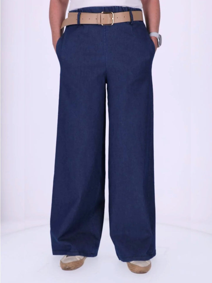 Dunkelblaue Damenhose im Boho-Stil mit weitem Bein