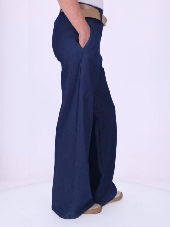 Dunkelblaue Damenhose im Boho-Stil mit weitem Bein