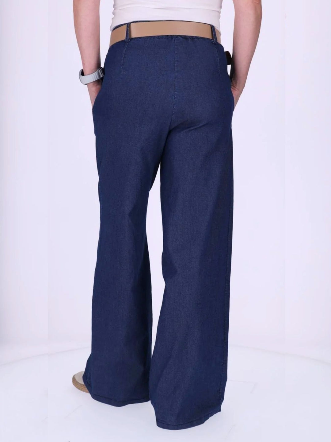 Dunkelblaue Damenhose im Boho-Stil mit weitem Bein