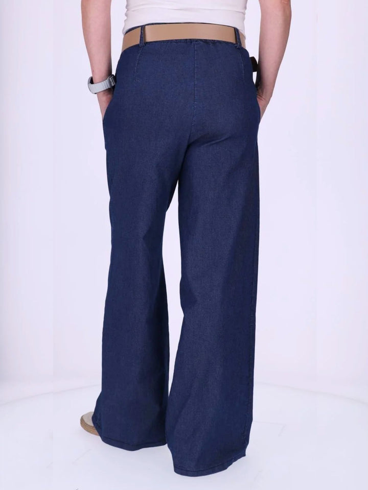 Dunkelblaue Damenhose im Boho-Stil mit weitem Bein