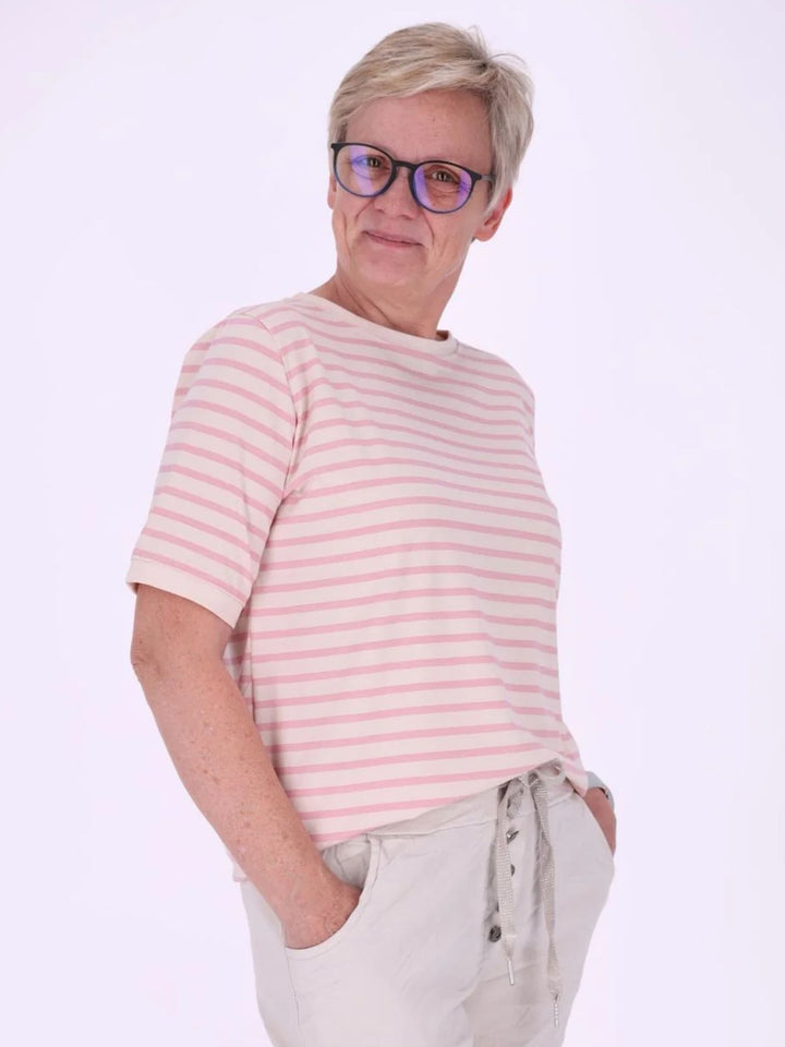 Rosa Damen T-Shirt mit Ringelmuster & Rundhalsausschnitt