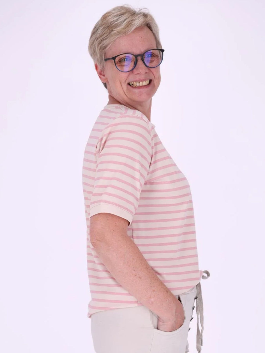 Rosa Damen T-Shirt mit Ringelmuster & Rundhalsausschnitt