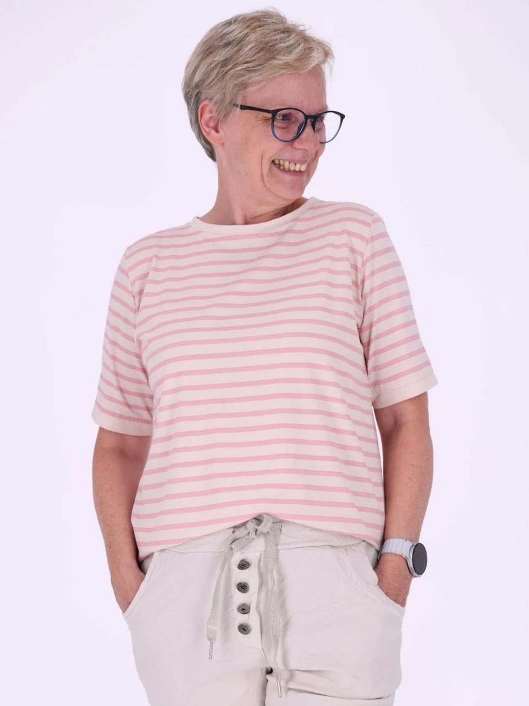 Rosa Damen T-Shirt mit Ringelmuster & Rundhalsausschnitt