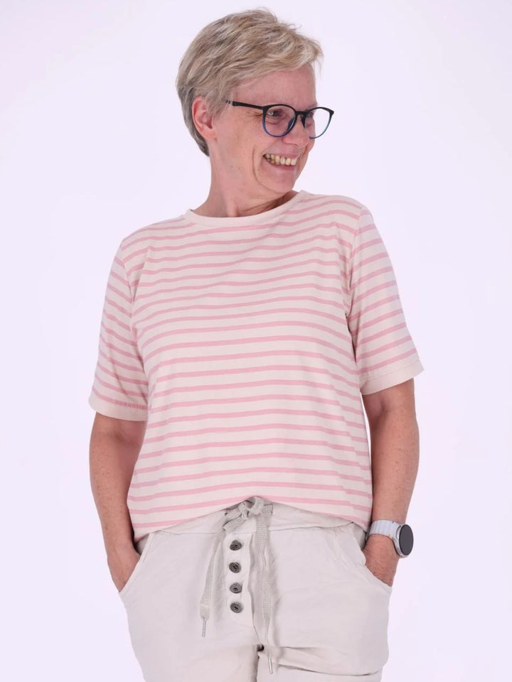 Rosa Damen T-Shirt mit Ringelmuster & Rundhalsausschnitt